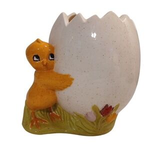 Vtg Easter Yellow Chick Hugging Cracked Speckled Egg Planter Decor Teleflora